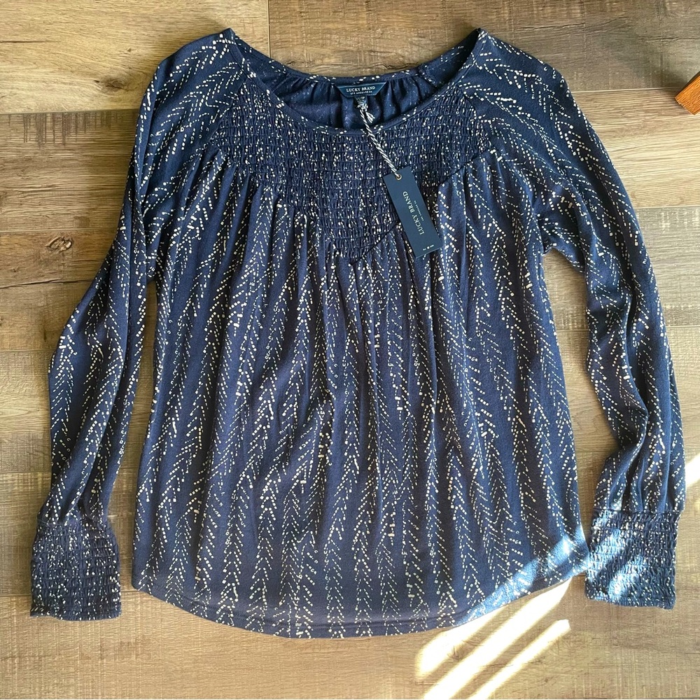 Lucky Brand Long Sleeve Shirred Blue Shirt